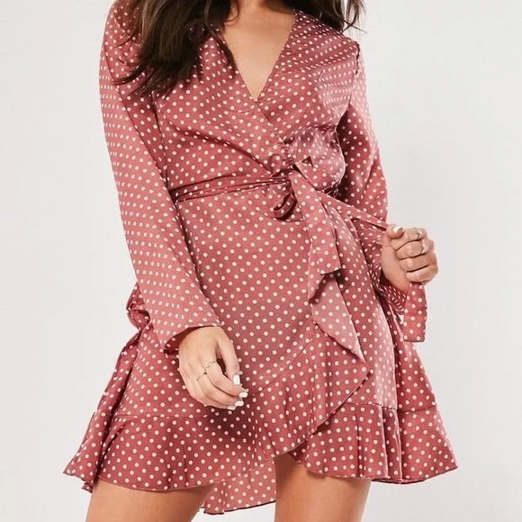 Missguided Dresses P Ink Wrap Front Polka Dot Satin Tea Dress